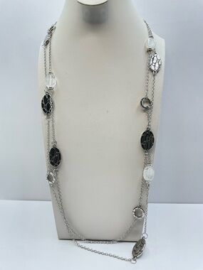 Silver Tone Layered Chain Glass Bead Necklace Long Station Style New
